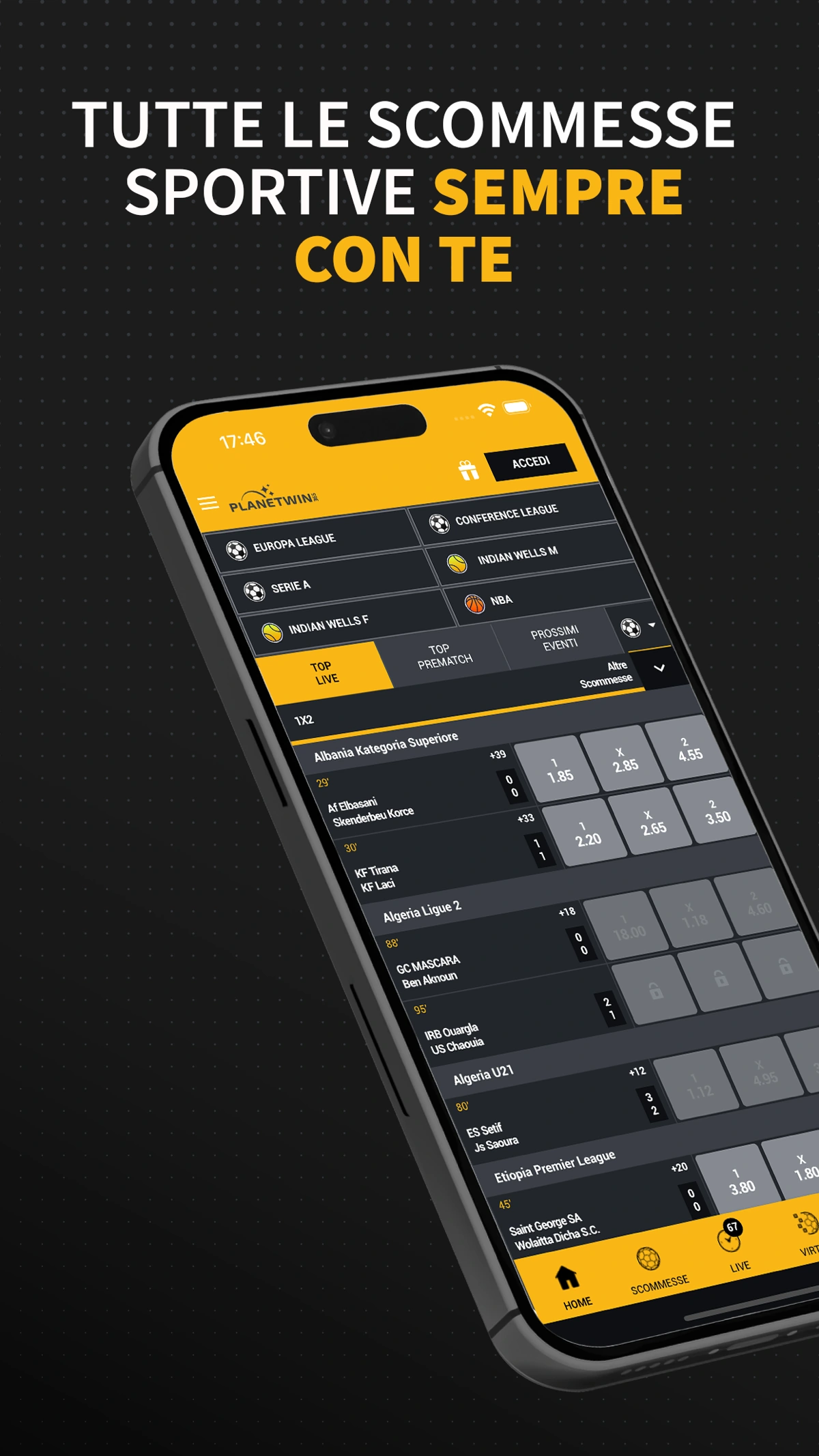 Schermata ufficiale dell’app Scommesse Sport